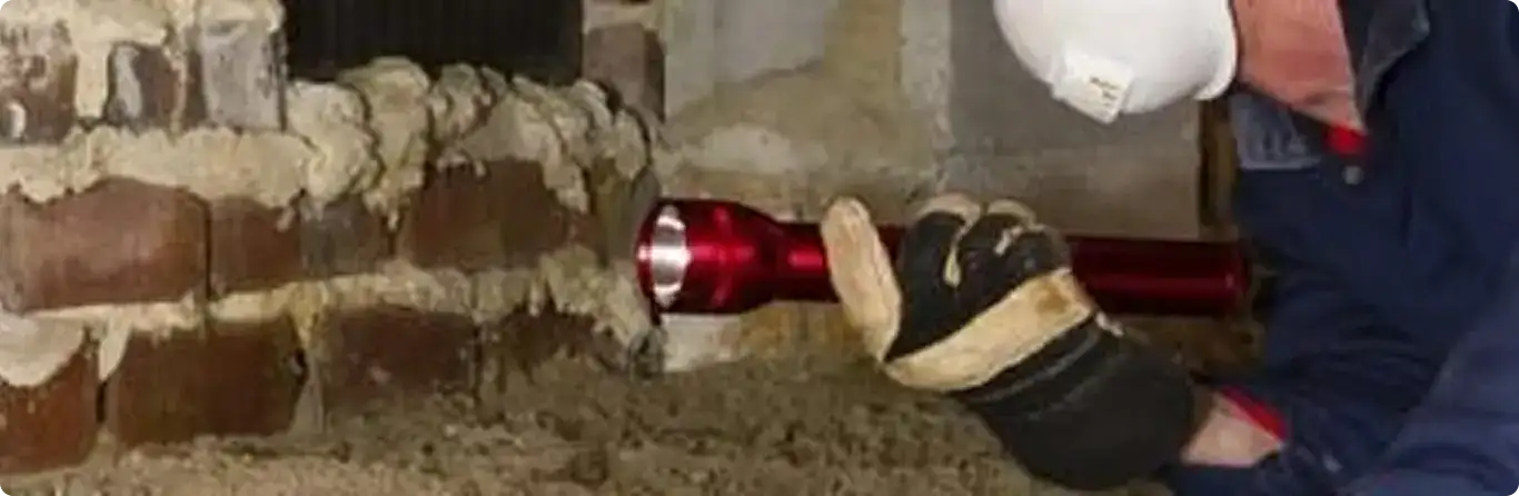 Pest control technician inspecting a crawl space for ant activity in Waverly, NE