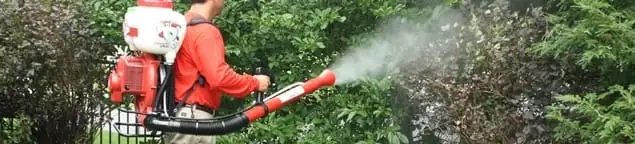 Mosquito control technician fogging shrubs and landscaping for mosquito treatment in Lincoln, NE