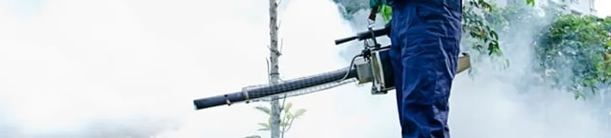 Pest control technician fogging an outdoor area for insect control in Lincoln, NE