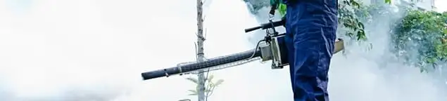 Pest control technician fogging an outdoor area for insect control in Lincoln, NE